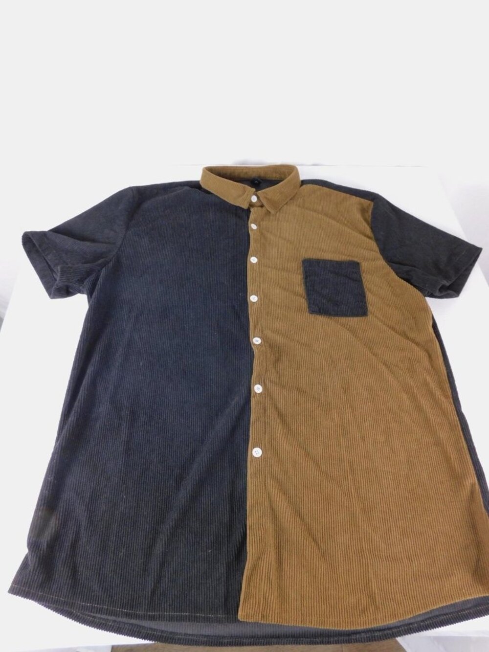 ROMWE Shirt Mens 2XL Black Brown Corduroy Colorblock Short Sleeve Button-Up